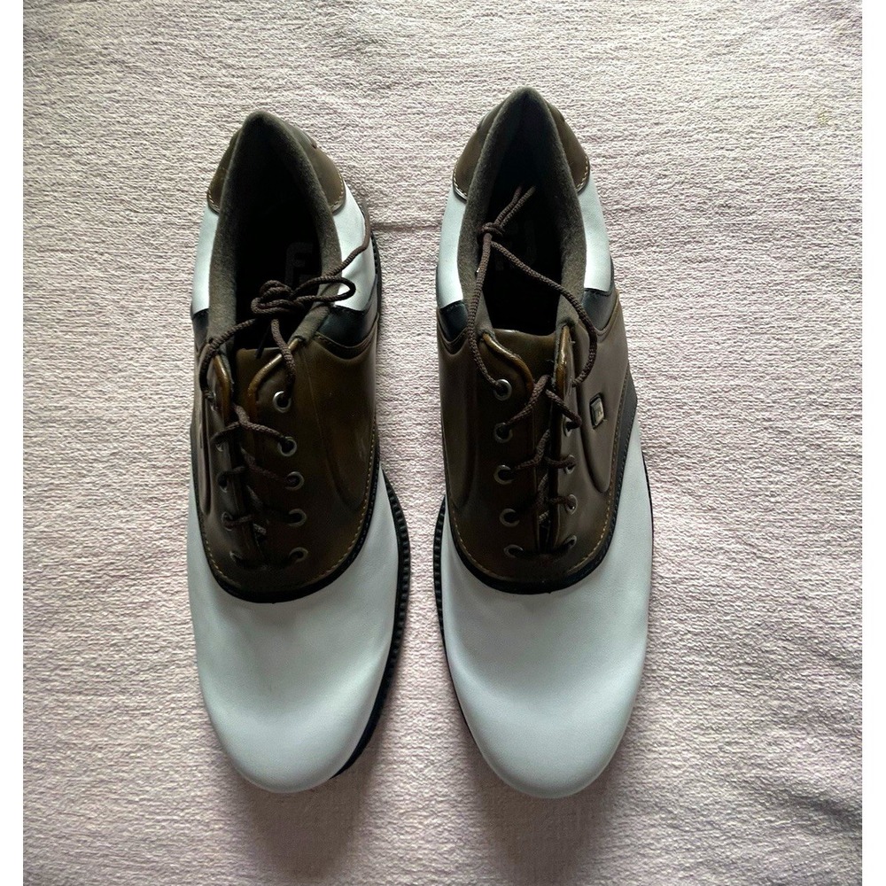 FootJoy Mens Leather Spiked Golf Shoes White Brown Plastic Cleats Size 13 W